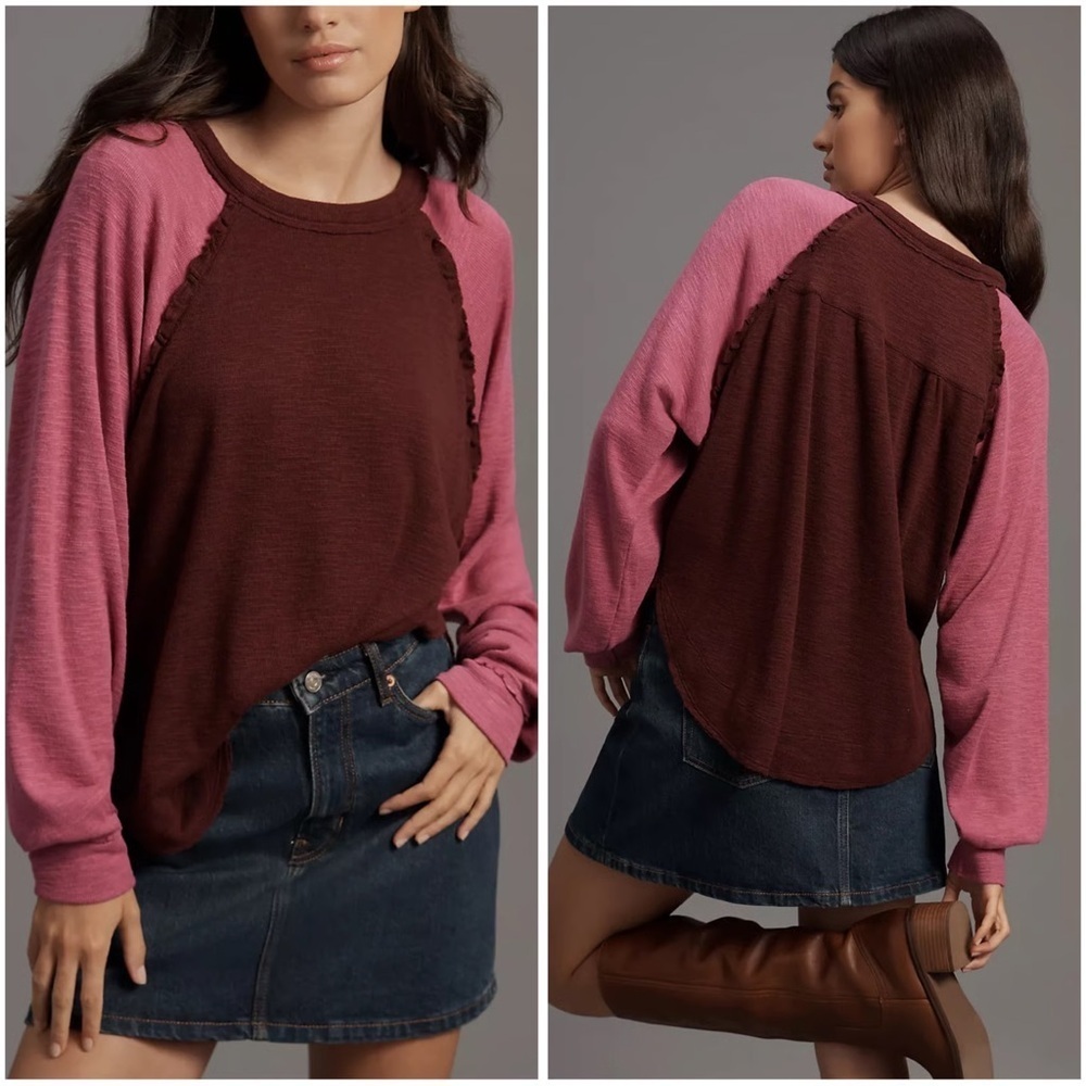 NWT new medium Anthropologie pilcro ruffled raglan thermal long sleeve top plum